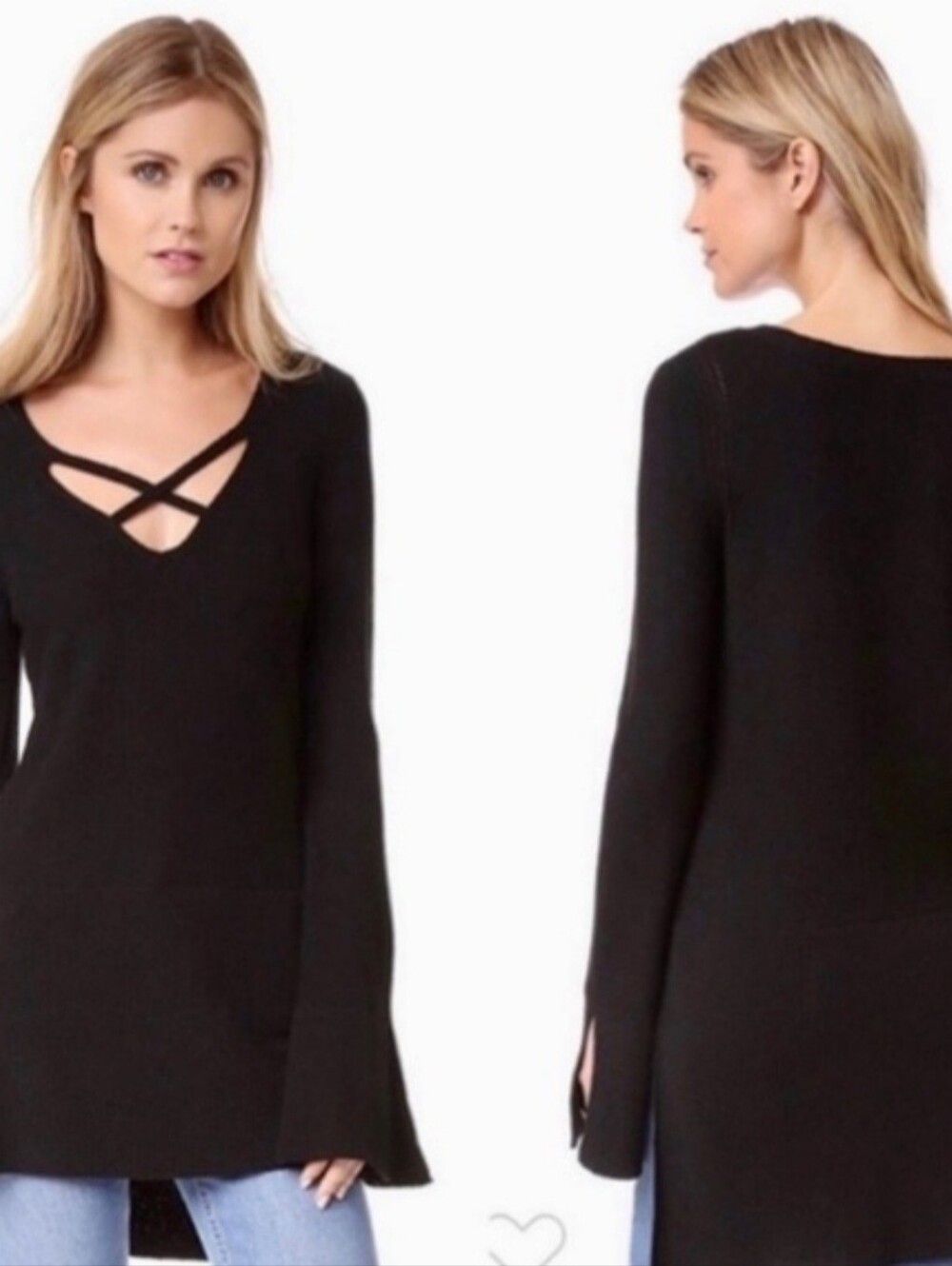 Free People black‎ cross vneck, long sleeve knit sweater, flare sleeve, like new